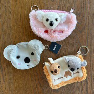 NWOT Australian Animal Coin Purses x 3 Bundle Koala Australia Kangaroo Pink Gray